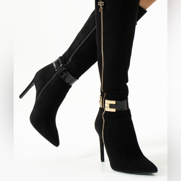 High Heels Women’s Suede Boots with Gold Accents - Picture 1 of 7